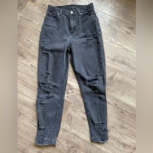American Eagle super distressed high rise black cropped mom jeans